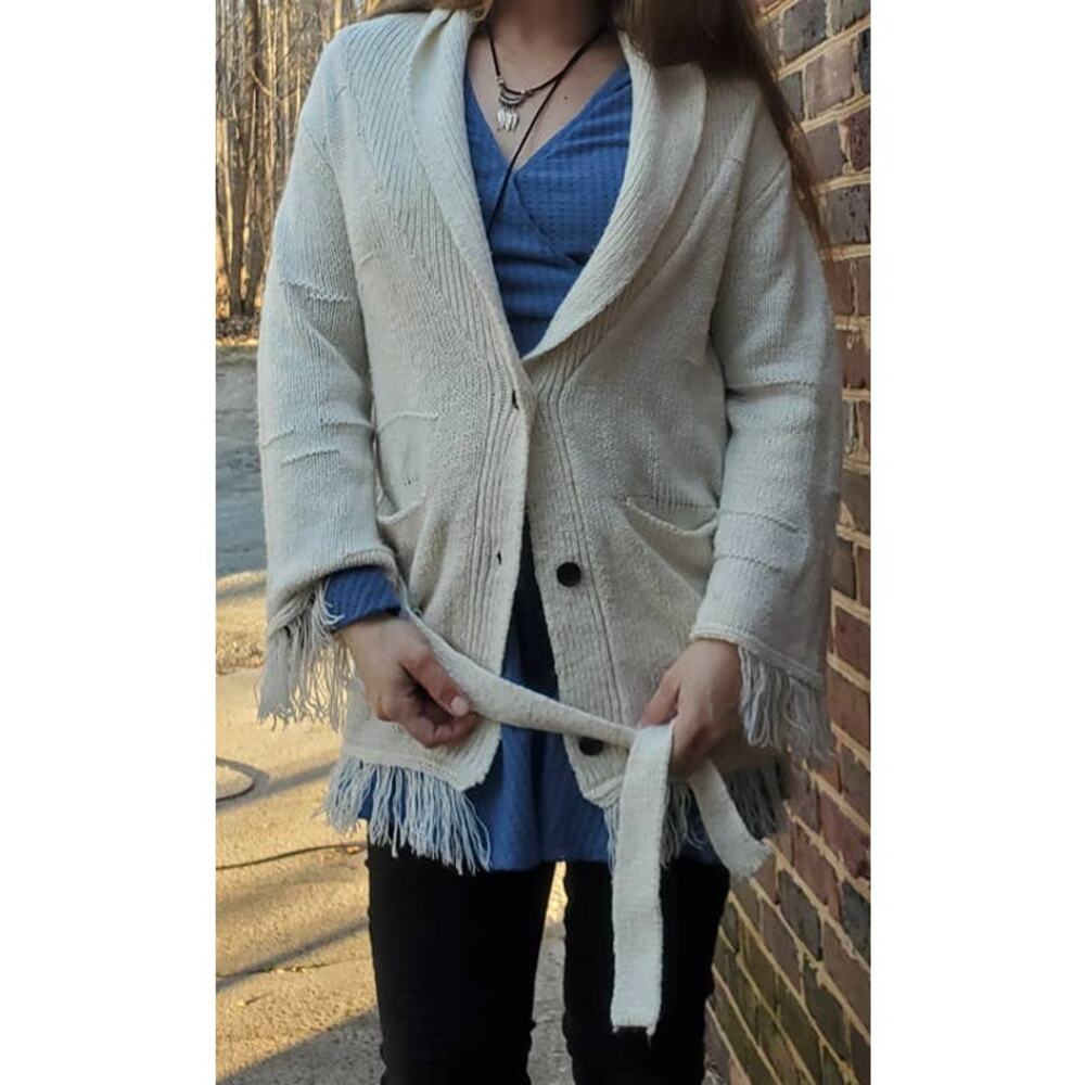 Uniq belted fringed cardigan cream medium large - Picture 4 of 9